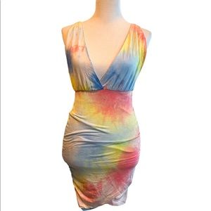 Sexy Bodycon Spaghetti Strap Dress - Plunging Neckline / Pastel Tie-Dye